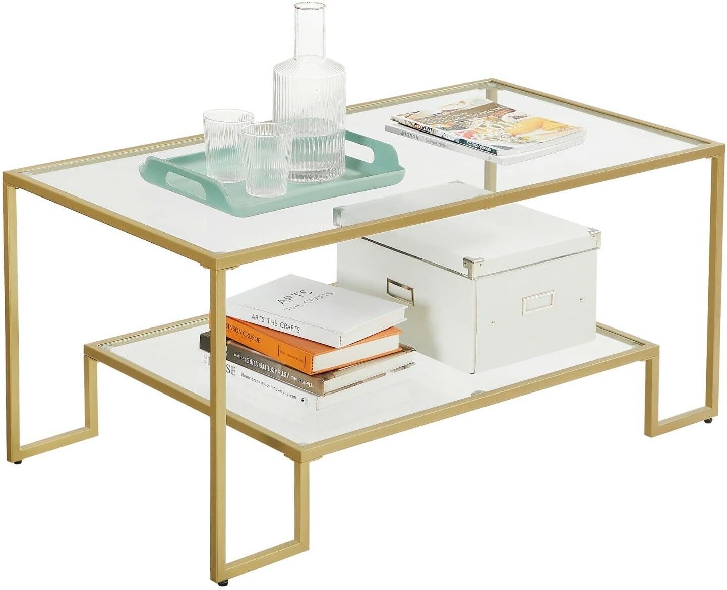KC Tempered Glass Coffee Table with 2 Shelves, Steel Frame, Gold - Image 3