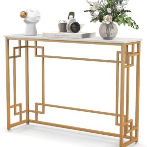 Elation Console Table, Faux Marble Entrance Unit, Gold Metal Frame, Geometric Design