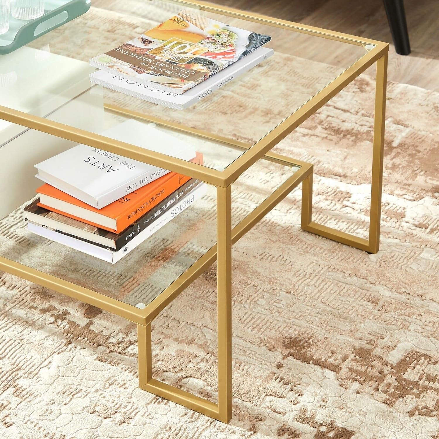 KC Tempered Glass Coffee Table with 2 Shelves, Steel Frame, Gold - Image 4