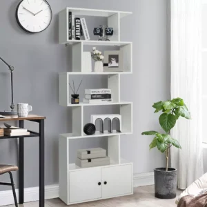 6 Tier Bookshelf with Cabinet Geometric S Shaped Display Shelf White