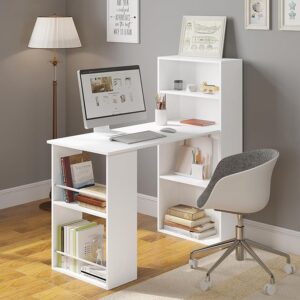 GM Computer Desk with Shelves, 120 cm, White, with Shelf, Bookshelf