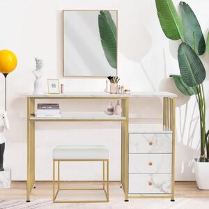 KC Combo Desk with Drawers, Dressing Table, White and Gold Marble, Metal Frame