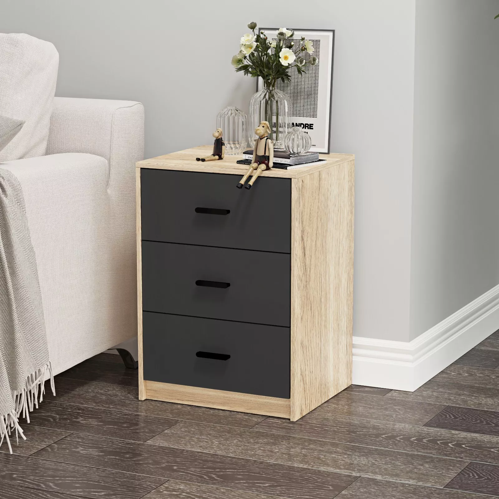 NB 3 Drawer Wooden Bedroom Bedside Cabinet - Image 8