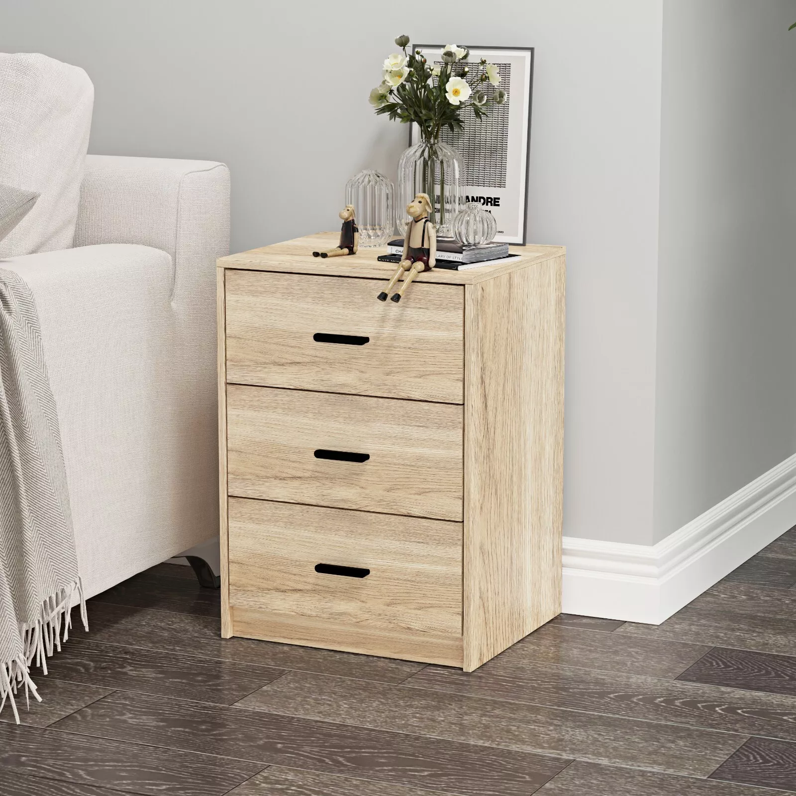 NB 3 Drawer Wooden Bedroom Bedside Cabinet - Image 6